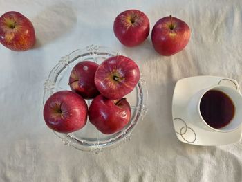 High angle view of apples in bowl on table