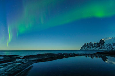 Scenic view of sea against blue sky at night