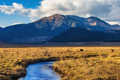 Scenic view of lake and mountains against sky