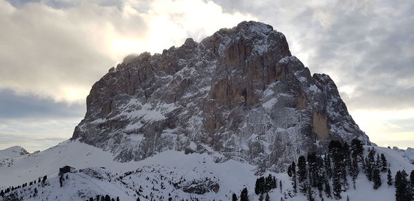 Low angle view of snowcapped mountain against sky