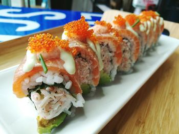 Close-up of sushi served in plate