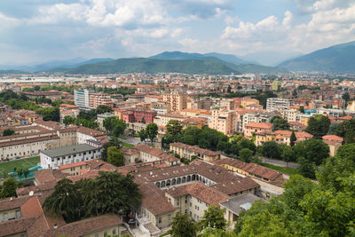 High angle shot of townscape against sky