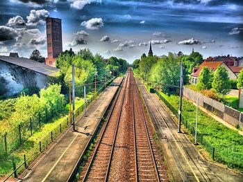 High angle view of railroad tracks against sky