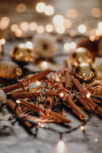 Close-up of christmas decorations on table