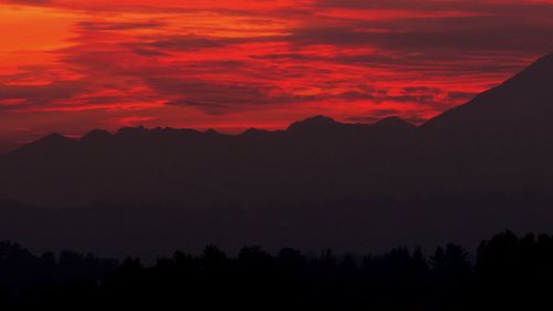 Scenic view of silhouette mountains against dramatic red sky at sunset