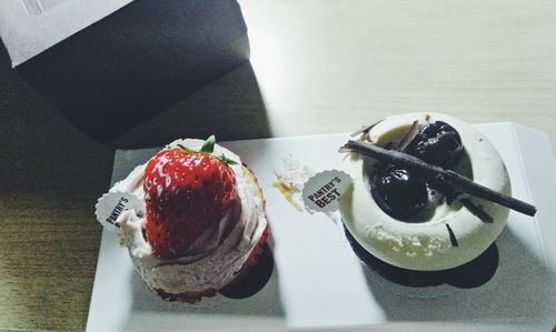 High angle view of cake served on table