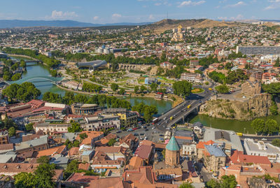 High angle view of buildings in city