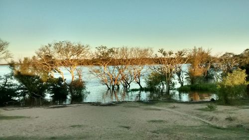 Scenic view of lake against clear sky