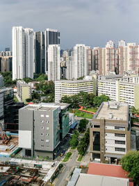 High angle view of buildings against sky