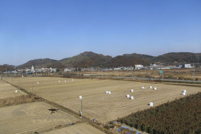 Scenic view of field against clear blue sky