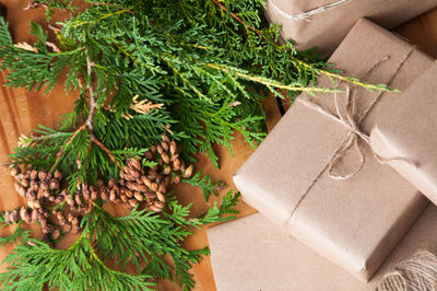 High angle view of gift boxes on table