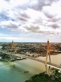 Bridge over river in city against cloudy sky