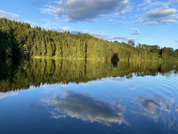 Scenic view of lake by trees against sky