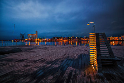 Illuminated pier over sea against sky at dusk