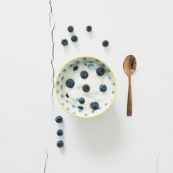 Close-up overhead view of food on white background