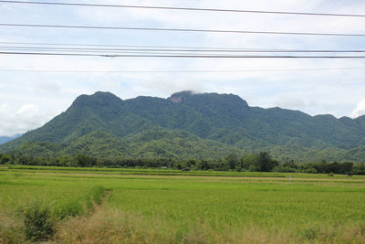 Scenic view of field and mountains against sky