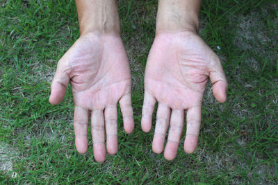 High angle view of man showing palm against field