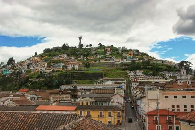 High angle shot of townscape against cloudy sky