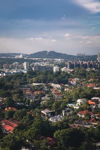 High angle view of buildings in city against sky