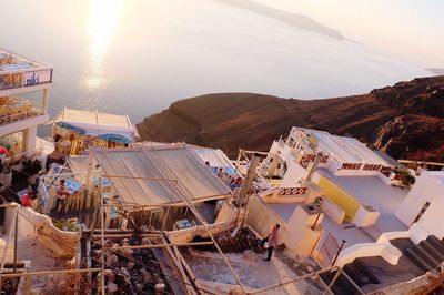 Panoramic view of blue sea and roof