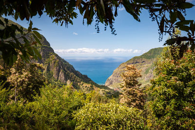 Scenic view of sea and mountains against sky