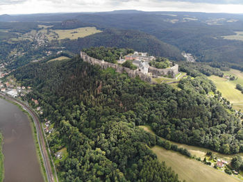 Aerial view of königstein fortress the saxon bastille, a hilltop fortress near dresden, germany, 