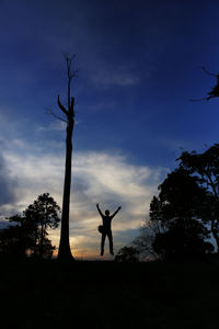 Silhouette man standing by tree against sky during sunset