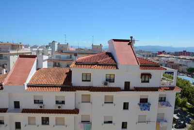 Residential district against clear blue sky