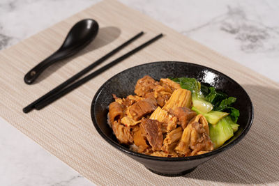 High angle view of food in plate on table