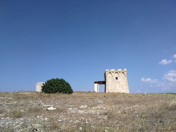 Built structure on field against clear blue sky