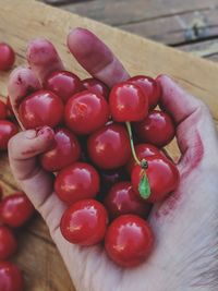 High angle view of hand holding strawberries