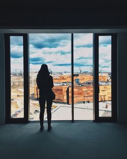 Rear view of woman looking at dock against sky