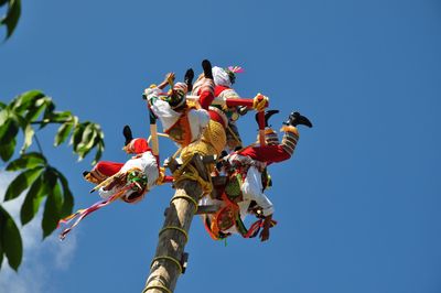 Low angle view of bird flying against blue sky