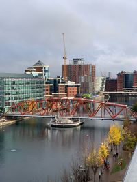 Bridge over river by buildings in city against sky