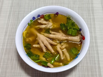 High angle view of soup in bowl on table