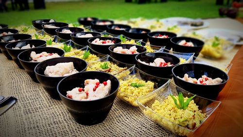 High angle view of meal served on table