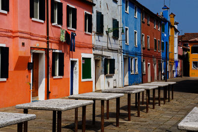 Empty benches by building in city