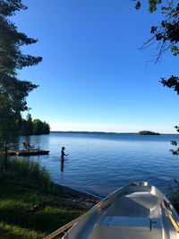 Scenic view of lake against clear blue sky