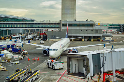 High angle view of airport runway against sky