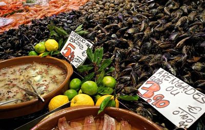 High angle view of seafood for sale in fish market