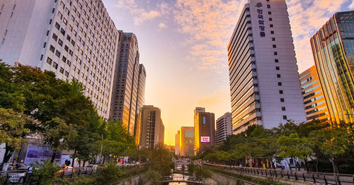 Panoramic view of city buildings against sky during sunset