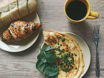 High angle view of breakfast served on table
