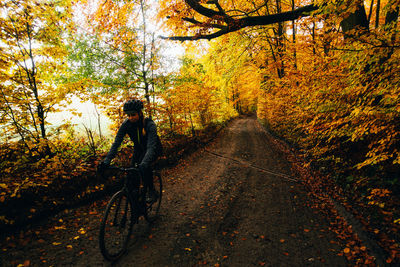 Man riding bicycle on road in forest during autumn