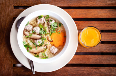 High angle view of soup served on table