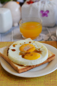 Close-up of breakfast served on table