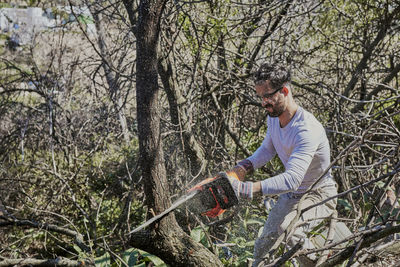 Man felling a forest with an electric chainsaw