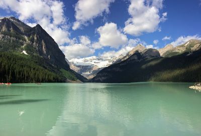 Scenic view of lake by mountains against sky