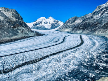 Scenic view of snowcapped mountains against clear blue sky