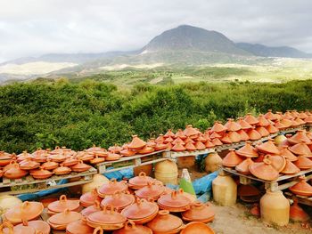 Traditional pottery for sale against view of mountains