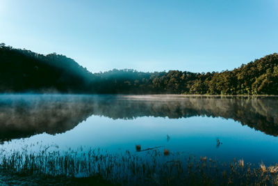 Scenic view of lake against clear blue sky